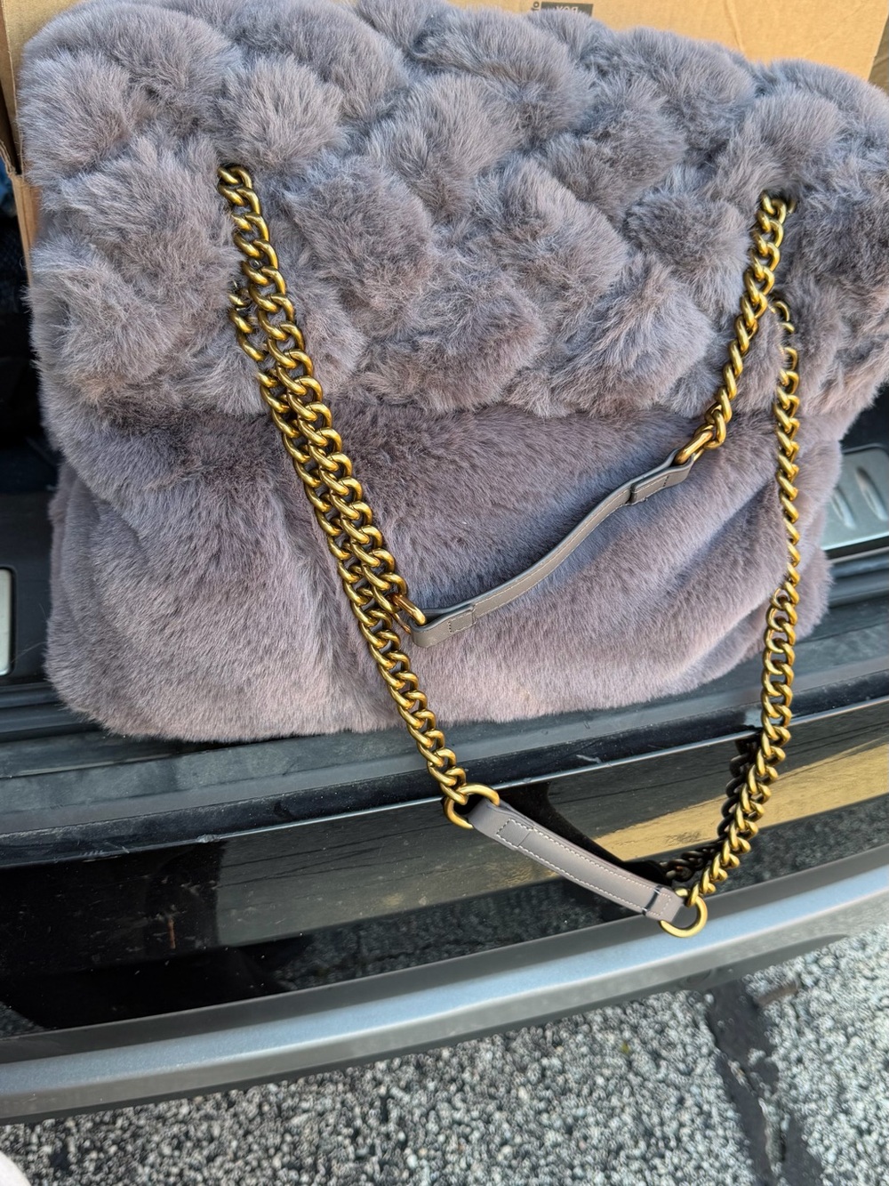 Kurt Geiger Plush Quilted Faux Fur Clutch in Gray - Picture 2 of 6